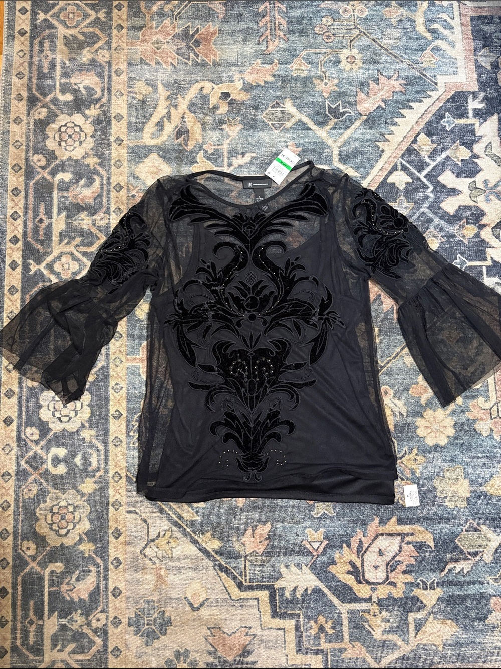 INC International Concepts Black Sheer Velvet Appliqué Blouse
